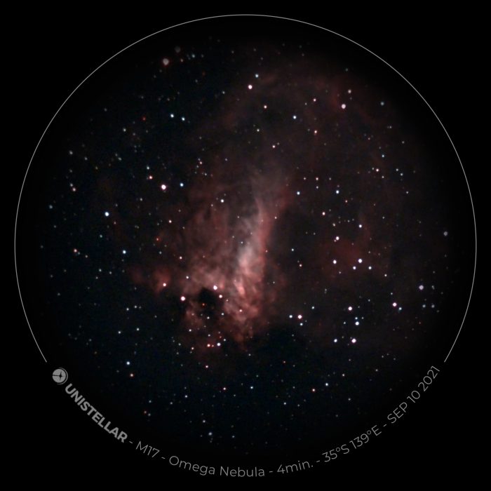 Name: Ian Blackwell Instagram: n/a Camera: Sony IMX224  Telescope: Unistellar eVscope Subject: M17 The Omega Nebula Photo Taken: n/a Image Duration: n/a  Software used: Unistellar system Filters used: None Photo Information: n/a