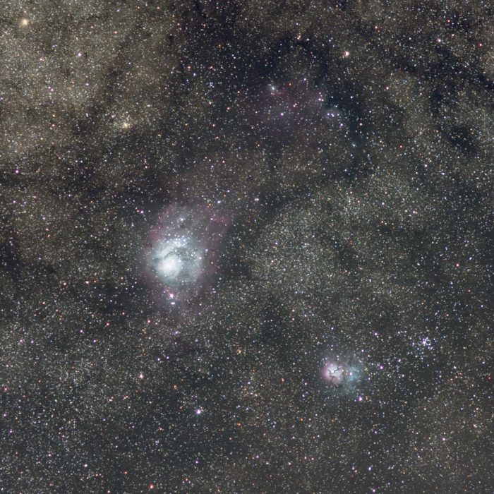 Name: Kirsty FeijenInstagram: n/aCamera: Canon 70DTelescope: None, EF 200mm lens, f/2.8 with mount SkyWatcher Star Adventurer Subject: Lagoon and Triffid nebulasPhoto Taken: Taken in the Adelaide Hills on 7/10/21 Image Duration: 1.5 hours of data Software: Deep Sky Stacker, Gimp, PixInsight Filters used: n/a Photo Information: n/a