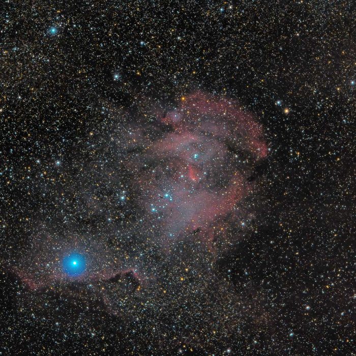 Name: Malcolm Scott Whinfield Instagram: n/a Camera: Canon 450D  Telescope: TS80 with 480mm Focal Length Subject: IC 2948 and 2944 Running Chicken Nebula Photo Taken: n/a Image Duration: Taken 50 Light at 120 seconds ISO-400  Software used: Astroberry, Startools, GIMP and Darktable  Filters used: None Photo Information: The night had good clear skies in a Bortle 6 Zone in Para Hills