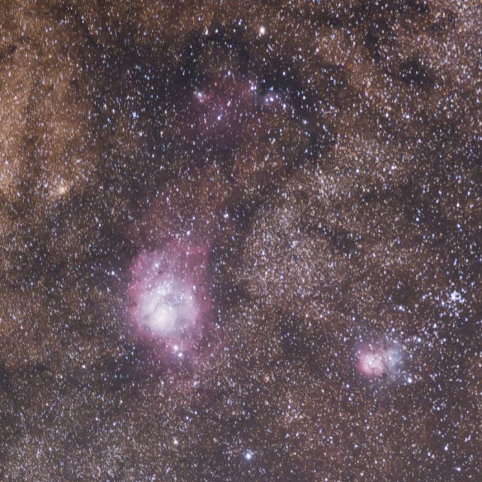 Name: Peter MarinosInstagram: @marinos_peterCamera: Canon 600DTelescope: None, Canon f/4 70-200mm lens, Subject: Lagoon and Trifid NebulaePhoto Taken: 30th of October Adelaide 2021 Image Duration: Stacked fifteen 120s images  Software: Deep Sky Stacker (DSS) and PhotoshopFilters used: n/a Photo Information: Taken in the Adelaide Hills. Tracked with a Star Adventurer mount. Ten dark frames, flat frames, and dark flat frames